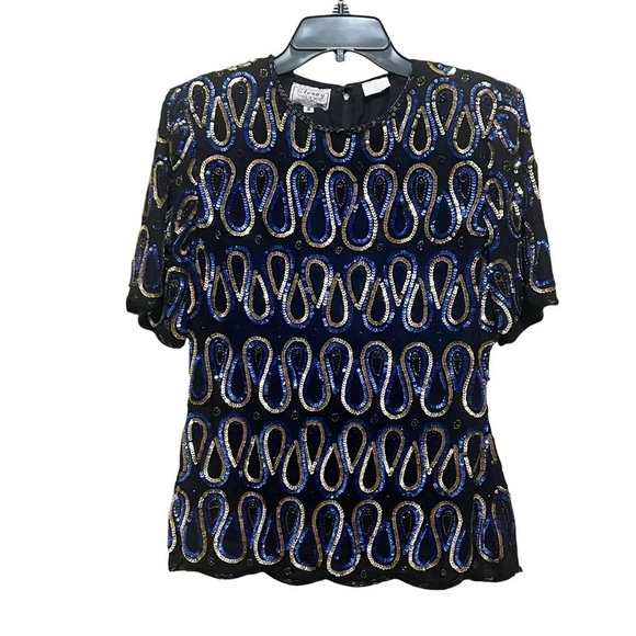 STENAY Vintage Silk Blouse Sequin Dressy Sparkle Evening Black Blue Gold Size S - Picture 1 of 11